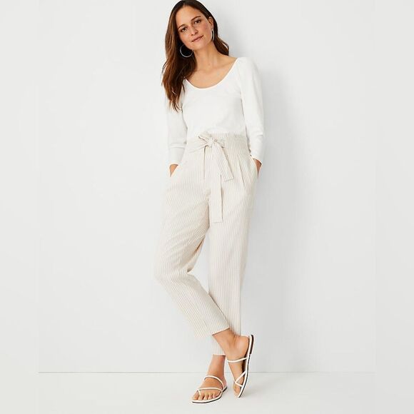 Ann Taylor The Petite Striped Belted Paperbag Ankle Pant in Linen Blend size 6 - Picture 1 of 13